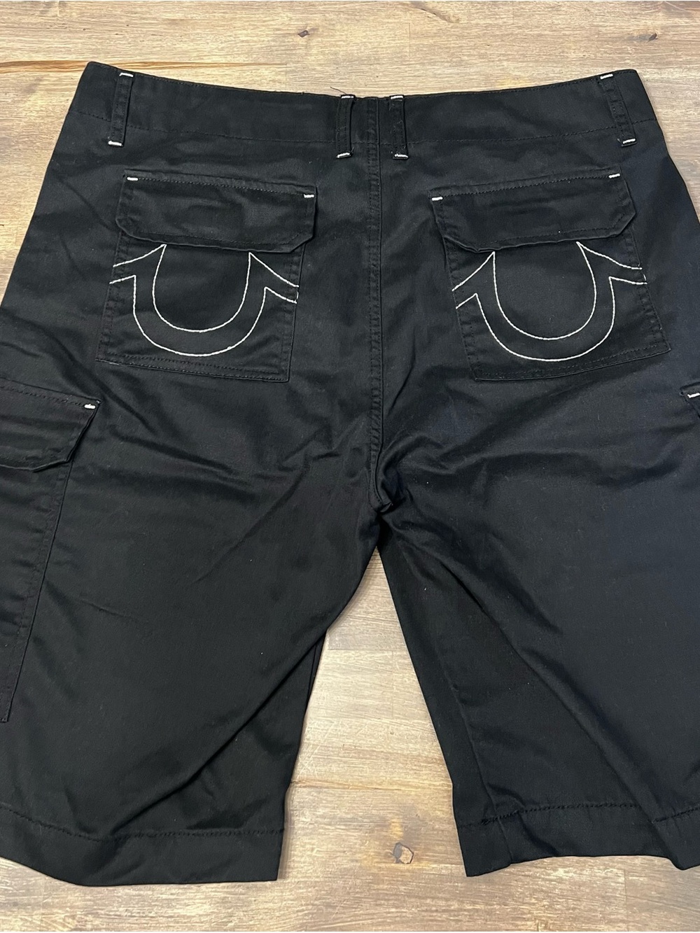 True Religion Men's Black Cargo Shorts with Signature Back Pocket Stitching
